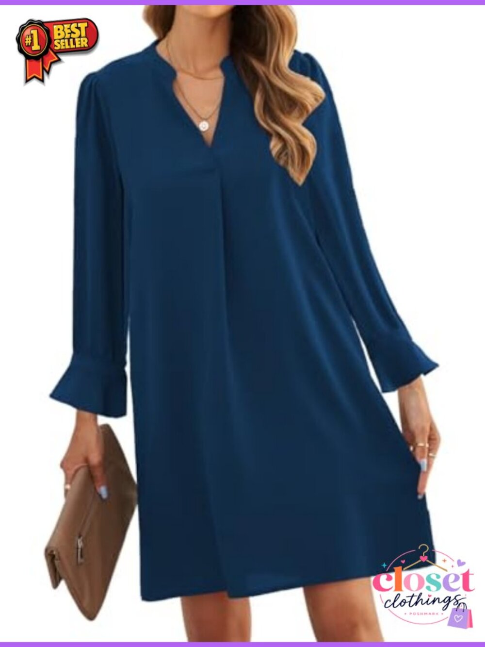 Womens Summer Long Sleeve V Neck Casual Shift Dress Knee Length Ruffle Sleeves